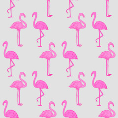Fototapeta premium Seamless abstract wallpaper. Cute background with flamingos. Hand drawn cartoon birds. Bright colors. Print for polygraphy, t-shirts and textiles. Pretty texture. Pattern for design. Greeting cards
