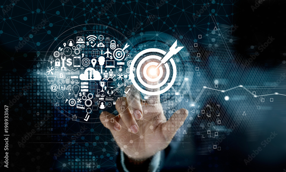 Poster businessman touching target with digital marketing icons on network connection background. business 