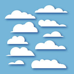 White clouds collection in paper cut style on blue heaven.