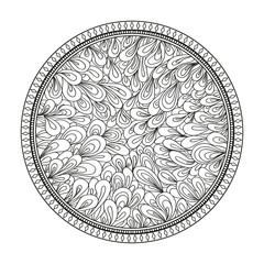 Circle zendala. Abstract element. Zentangle. Hand drawn foliage mandala on isolation background. Design for spiritual relaxation for adults. Print for polygraphy, t-shirts and textiles. Zen art
