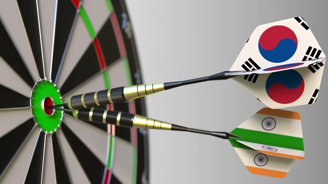 Flags of South Korea and India on darts hitting bullseye of the target. International cooperation or competition conceptual animation
