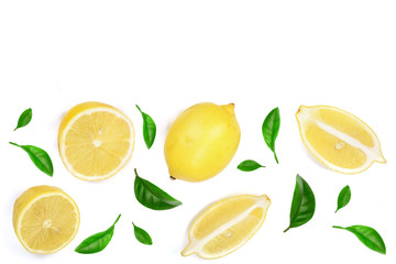 lemon decorated with green leaves isolated on white background with copy space for your text. Flat lay, top view