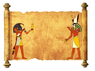Fotobehang Old parchment with Egyptian gods images Toth and Horus © frenta