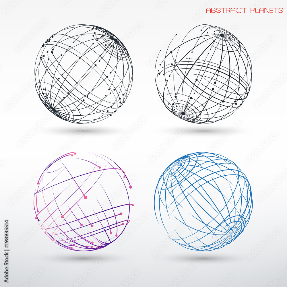 Poster Set of abstract images of planets. Frame geometric shapes from points and lines. Templates for registration of design projects. Web technologies, communication and the Internet.