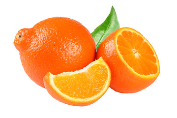 orange tangerine or mandarin with slices and leaf isolated on white background