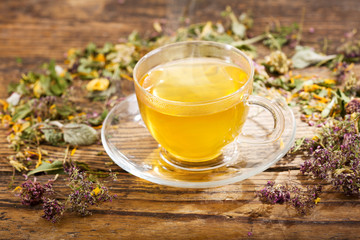 Cup of herbal tea with various herbs