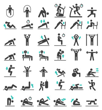 Fitness exercise workout icons set. Vector illustrations.