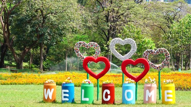 4K Beautiful park outdoor colorful heart symbol valentines day wedding day
