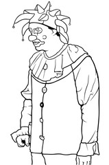 Black and White Clown Standing - Outline Illustration, Vector