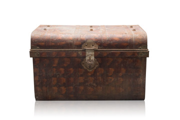 front view,Di cut Ancient brown iron chest,old box rusty,on white background,copy space