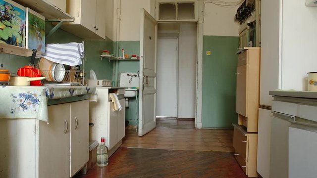 Panoramic view of old kitchen of a communal flat in St. Petersburg, Russia