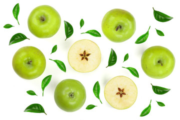 green apples with slices decorated with leaves isolated on white background top view. Flat lay pattern