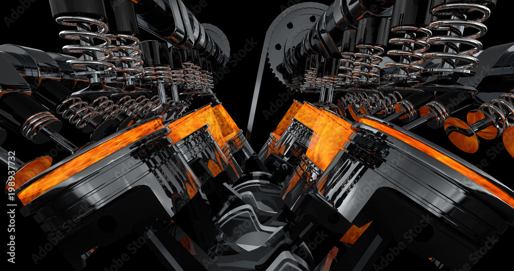Leinwandbilder CG model of a working V8 engine with explosions. Pistons and other mechanical parts are in motion.