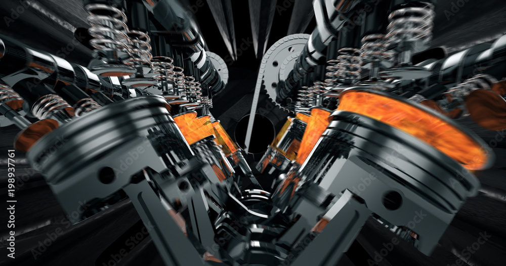 Poster CG model of a working V8 engine with explosions and sparks. Pistons and other mechanical parts are in motion.