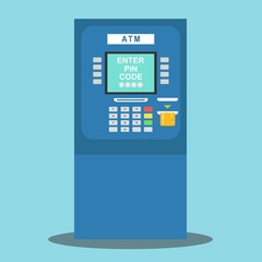 ATM payment vector illustration. ATM machine with credit card. Withdrawing money from card concept. Payment using credit card. ATM terminal usage.