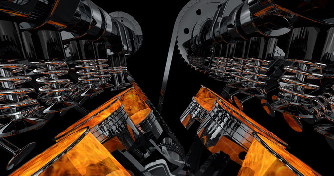 CG model of a working V8 engine with explosions. Pistons and other mechanical parts are in motion.