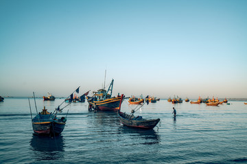 fishing boats crowd the water in vietnam