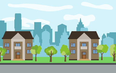 Fototapeta premium Vector city with two two-story cartoon houses and green trees in the sunny day. Summer urban landscape. Street view with cityscape on a background 