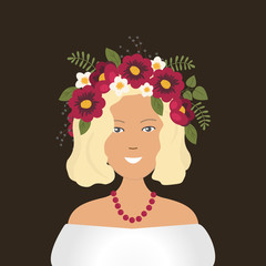 Portrait of a cute smiling girl in a floral wreath on her head. Vector illustration on a dark brown background