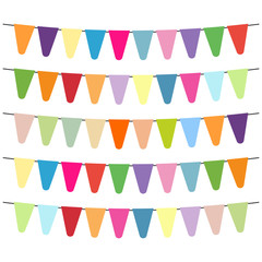 Colorful flags and bunting garlands for decoration. Decor elements with various patterns. Vector illustration
