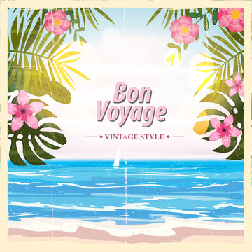 Travel poster concept. Have nice trip - Bon Voyage. Fancy cartoon style. Cute retro vintage tropical flowers. Banner background vector element