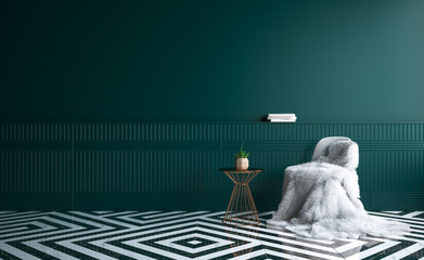 Luxury minimalist dark living room interior with fur on chair, flower on table and marble floor, 3d render