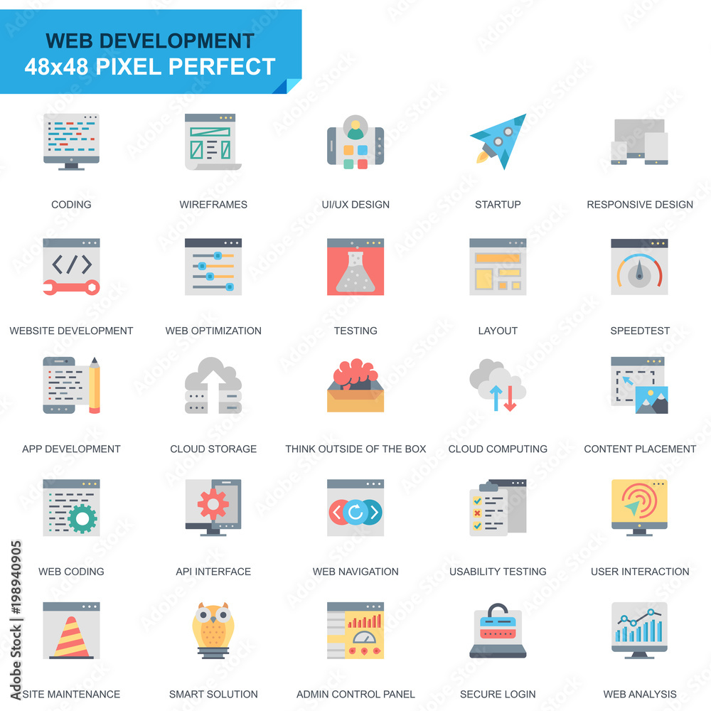 Poster simple set web disign and development flat icons for website and mobile apps. contains such icons as
