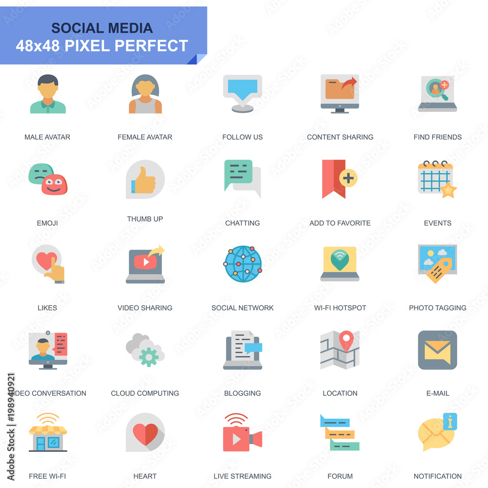 Leinwandbilder Simple Set Social Media and Network Flat Icons for Website and Mobile Apps. Contains such Icons as Avatar, Emoji, Chating, Likes. 48x48 Pixel Perfect. Editable Stroke. Vector illustration.