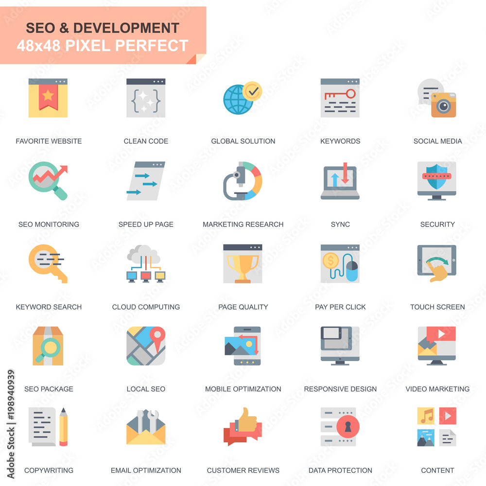 Fototapete simple set seo and development flat icons for website and mobile apps. contains such icons as clean 