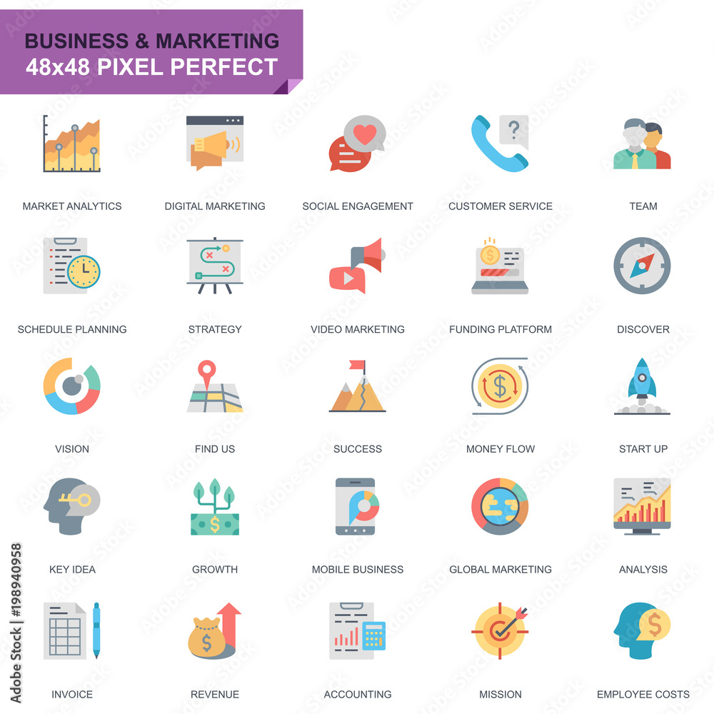 Poster simple set business and marketing flat icons for website and mobile apps. contains such icons as vis