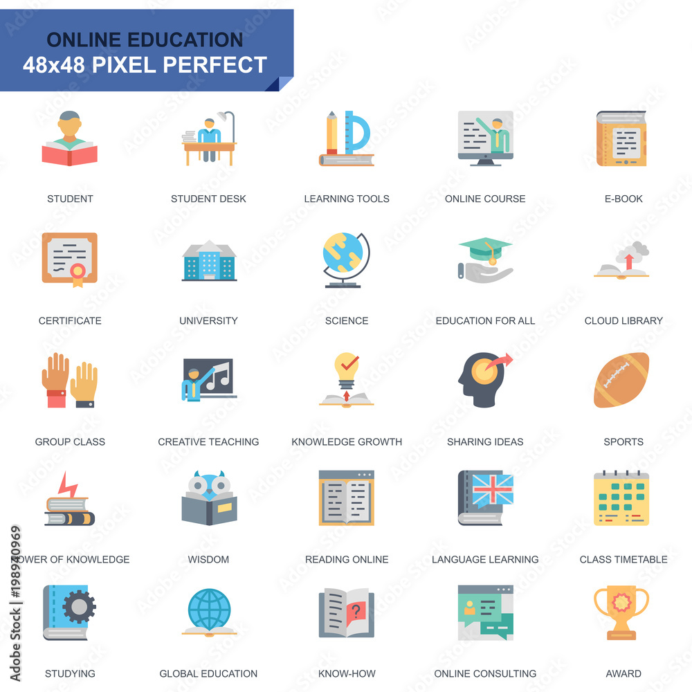 Poster simple set education and knowledge flat icons for website and mobile apps. contains such icons as on