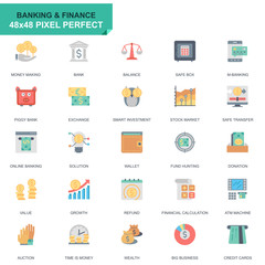 Simple Set Banking and Finance Flat Icons for Website and Mobile Apps. Contains such Icons as Balance, E-Banking, Auction, Financial Growth. 48x48 Pixel Perfect. Editable Stroke. Vector illustration.