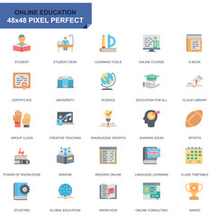 Simple Set Education and Knowledge Flat Icons for Website and Mobile Apps. Contains such Icons as Online Course, University, Studying, Book. 48x48 Pixel Perfect. Editable Stroke. Vector illustration.