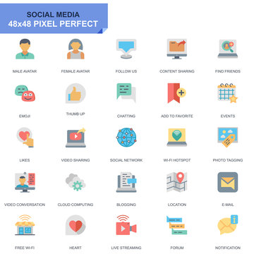 Simple Set Social Media and Network Flat Icons for Website and Mobile Apps. Contains such Icons as Avatar, Emoji, Chating, Likes. 48x48 Pixel Perfect. Editable Stroke. Vector illustration.