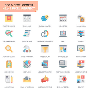 Simple Set Seo and Development Flat Icons for Website and Mobile Apps. Contains such Icons as Clean Code, Data Protection, Monitoring. 48x48 Pixel Perfect. Editable Stroke. Vector illustration.