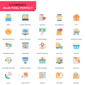 Simple Set E-Commerce and Shopping Flat Icons for Website and Mobile Apps. Contains such Icons as Delivery, Payment, Basket, Customer, Shop. 48x48 Pixel Perfect. Editable Stroke. Vector illustration.