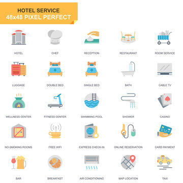 Simple Set Hotel Services Flat Icons for Website and Mobile Apps. Contains such Icons as Luggage, Reception, Room Services, Fitness Center. 48x48 Pixel Perfect. Editable Stroke. Vector illustration.