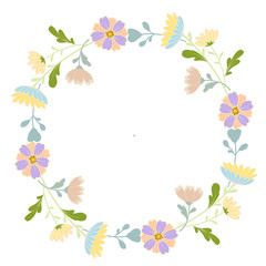 wreath chrysanthenum and graphic flowers with leaves vector design with copy space for text.