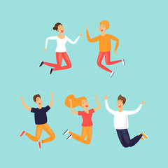Happy people are jumping. Flat design vector illustration.