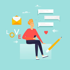 Relationships at a distance, the guy writes a message. Flat design vector illustration.