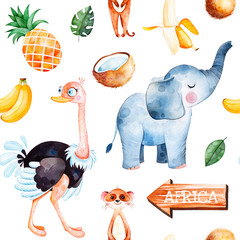 Africa watercolor seamless pattern.Safari collection with cute ostrich,elephant,meerkat,banana, pineapple,wooden sign,coconut,palm leavesPerfect for wallpaper,packaging,invitations,print,Baby shower