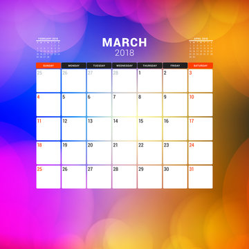 March 2018. Calendar planner design template with abstract background. Week starts on Sunday