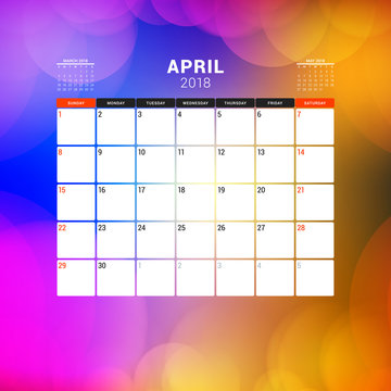 April 2018. Calendar planner design template with abstract background. Week starts on Sunday