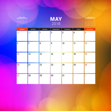 May 2018. Calendar planner design template with abstract background. Week starts on Sunday