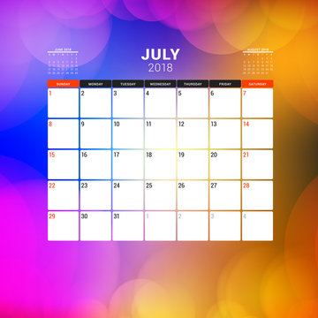 July 2018. Calendar planner design template with abstract background. Week starts on Sunday