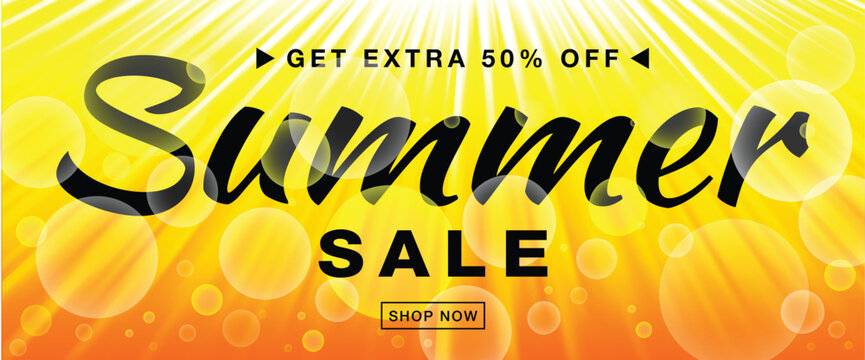 Summer sale template vector banner with sun rays.  Glow horizontal sunlight yellow background. Sunshine glare heat with flash rays and bubbles backdrop. Campaign sale 50% off. Vector illustration.
