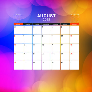 August 2018. Calendar planner design template with abstract background. Week starts on Sunday