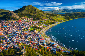 Town of Copacabana and the lake of Titicaca, Bolivia - obrazy, fototapety, plakaty