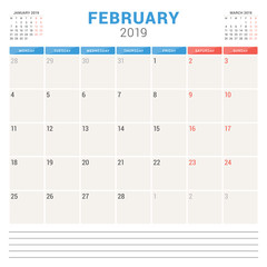 Calendar planner for February 2019. Week starts on Monday. Printable vector stationery design template