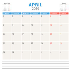 Calendar planner for April 2019. Week starts on Monday. Printable vector stationery design template